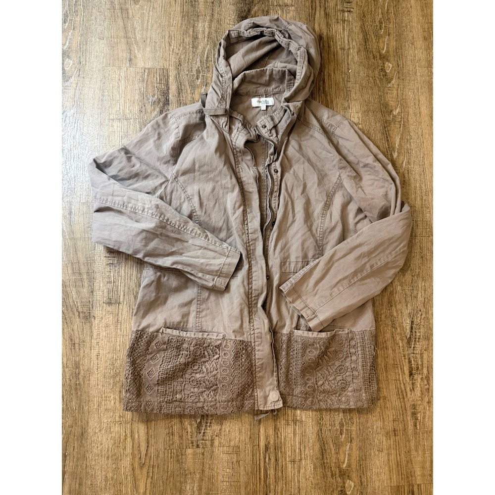 Charlotte Russe XL Taupe Brown Cotton Utility Jacket Crochet Lace Hem Hooded